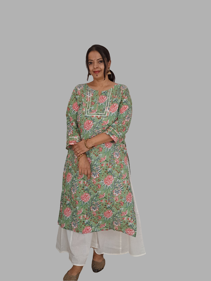 Floral Elegance: Pista Green Floral Cotton Kurta palazzo set with Gota Patti Work
