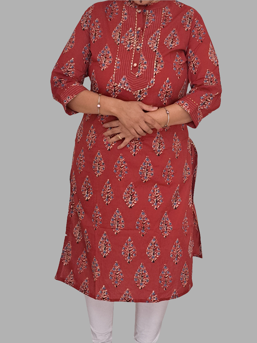 Crimson Grace: Red Cotton Kurti with Gotta Patti Work