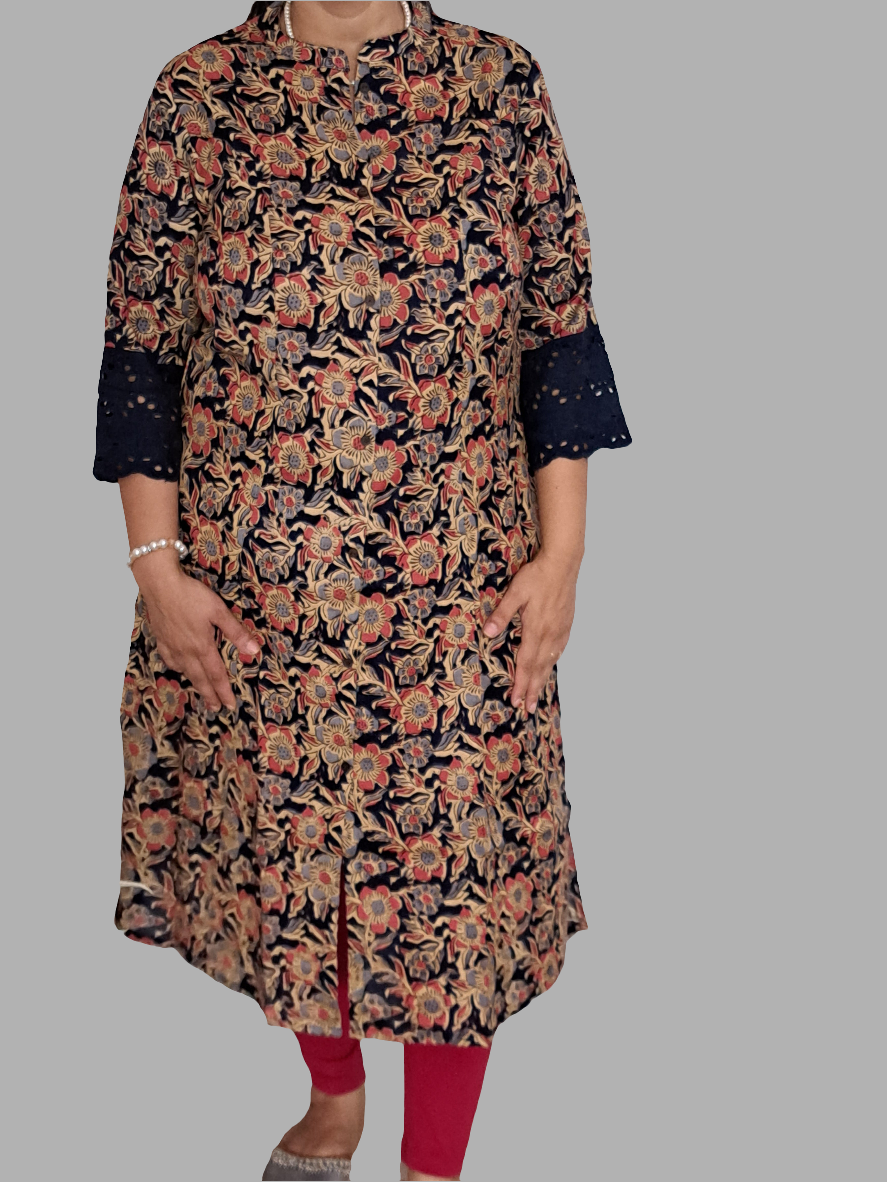 Royal Garden: Blue & Red Floral A-Line Kurti