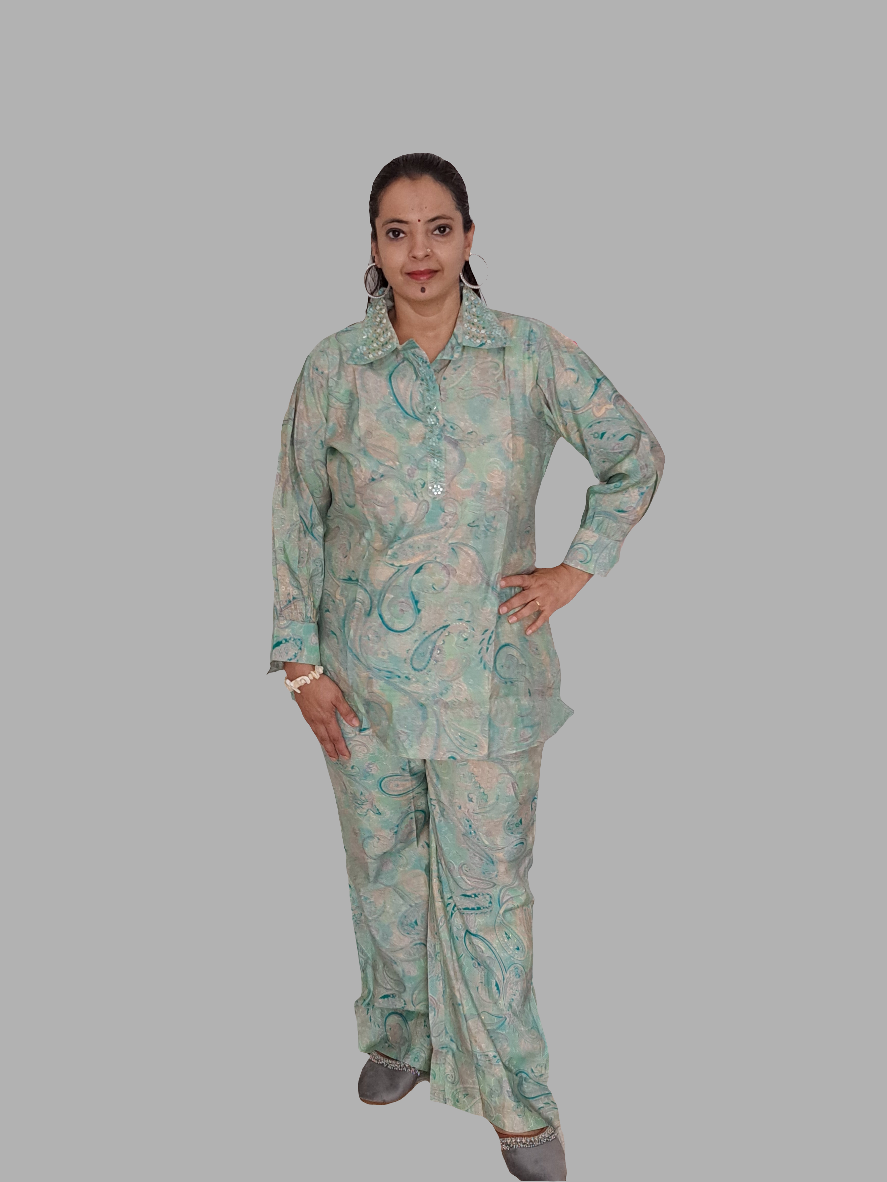 Azure Elegance: Sea Blue Muslin Co-ord Set with Embroidery