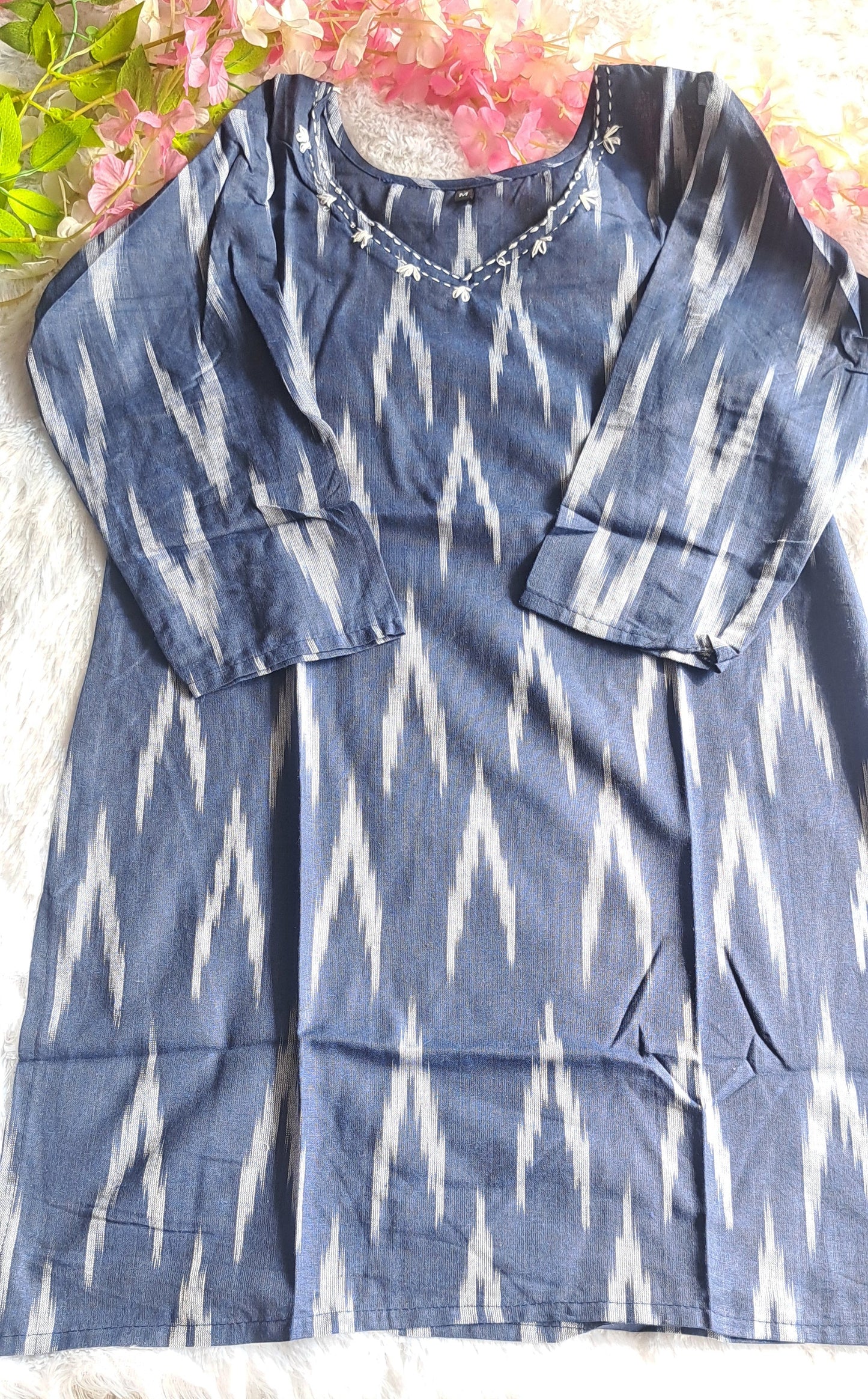 Navy blue Ikkat cotton short top with thread work on neck