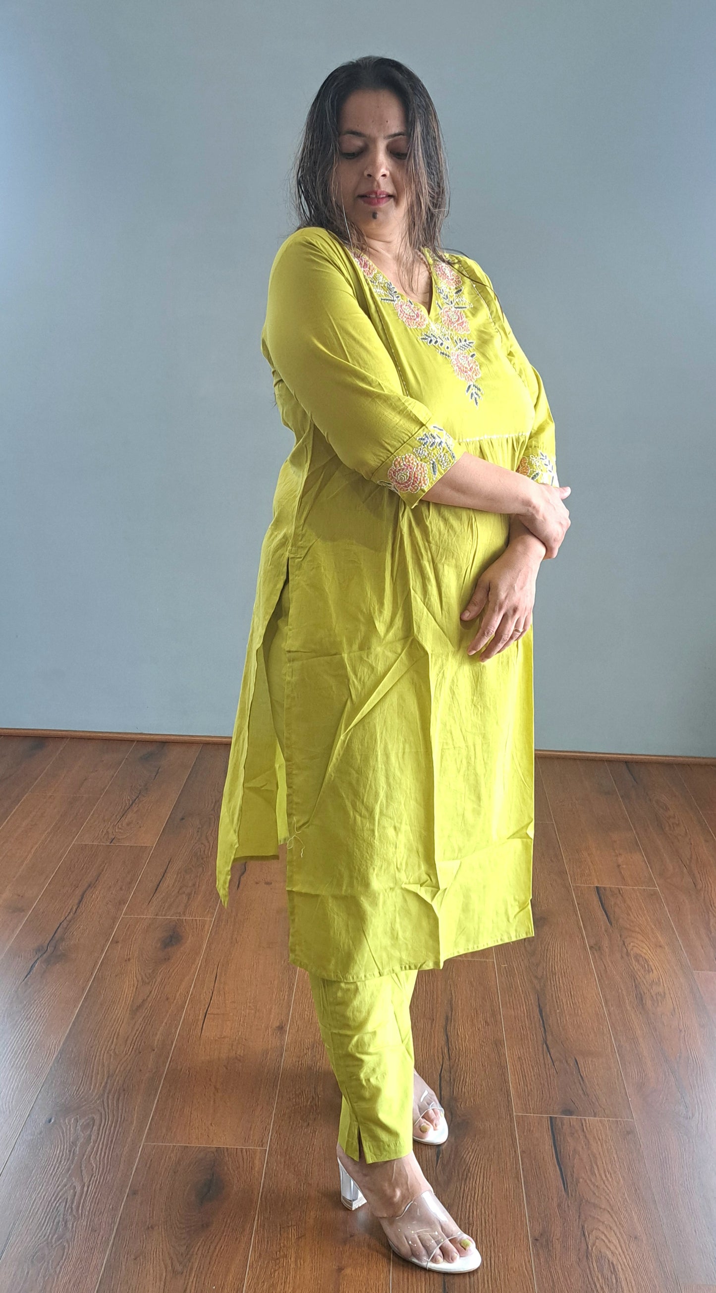Neon green embroidered cotton suit set for woman