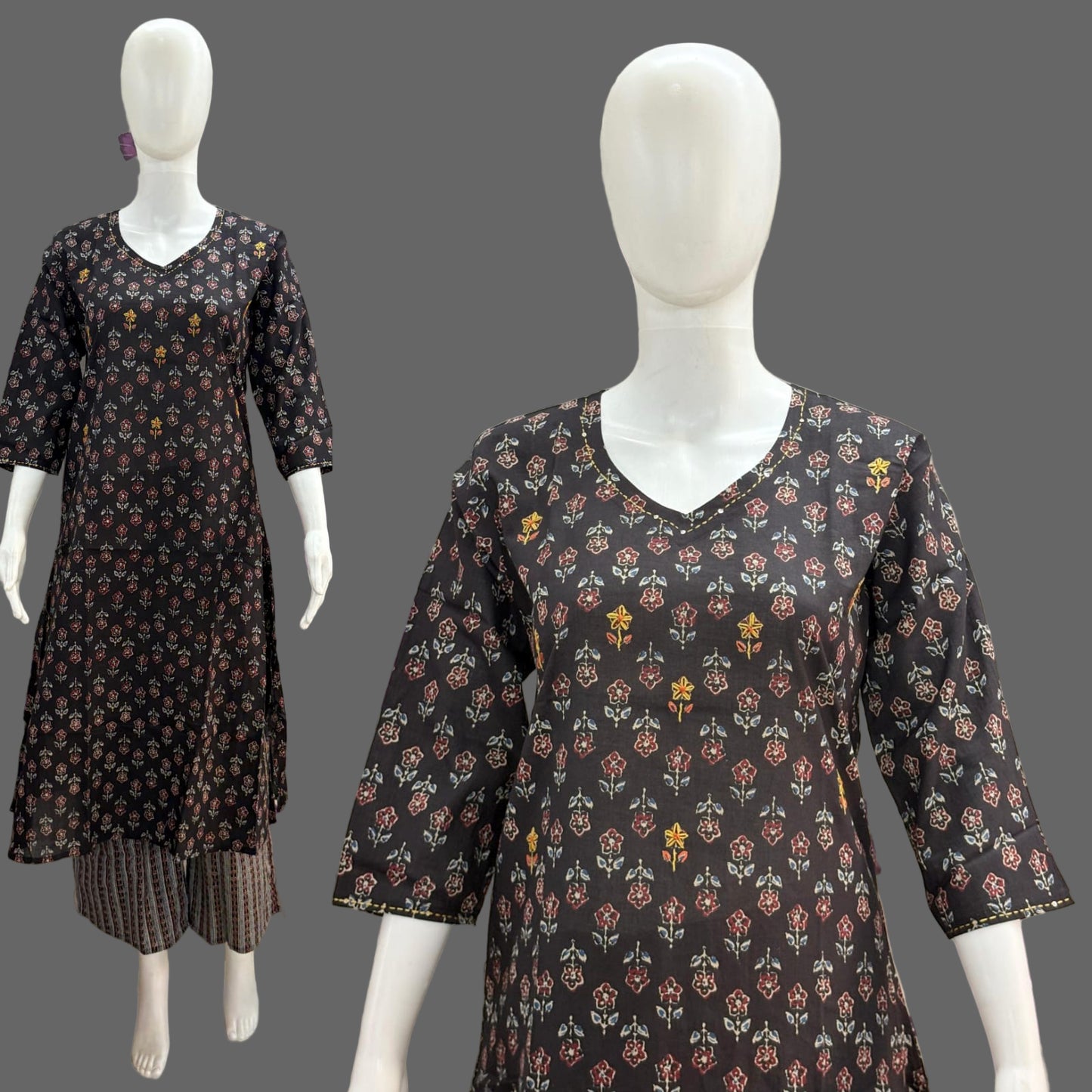 Black Floral Cotton kurta pant