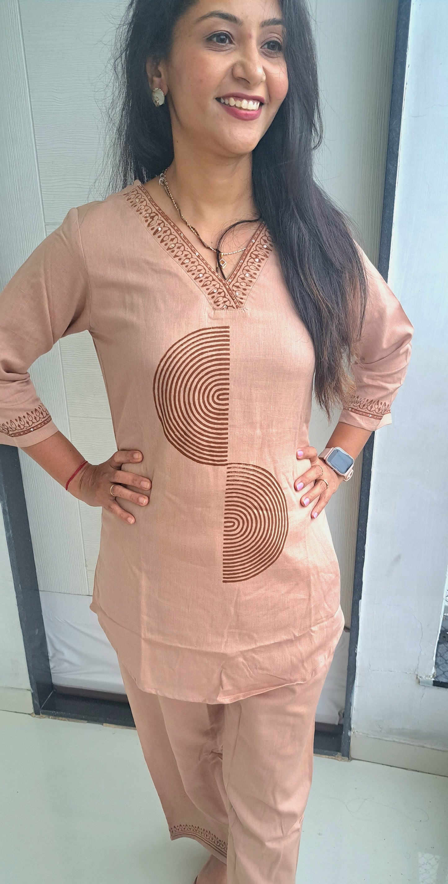 Beige cotton flax coords with block prints