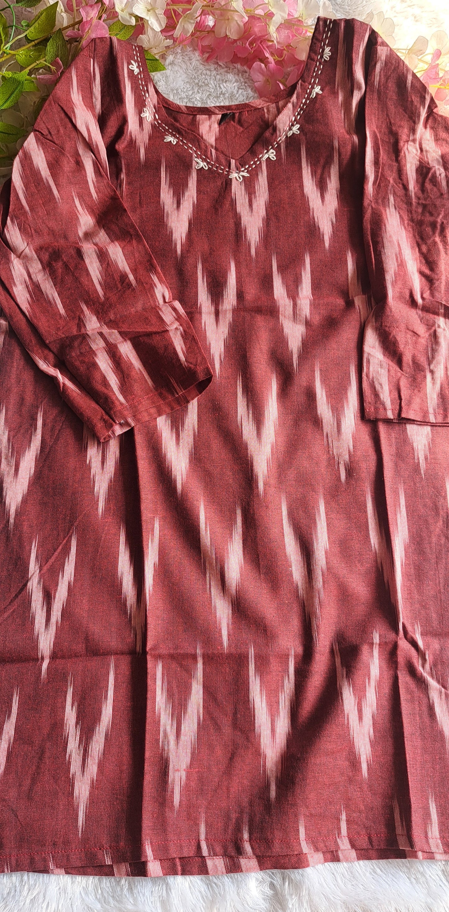 Dark red Ikkat cotton short top with thread work on neck