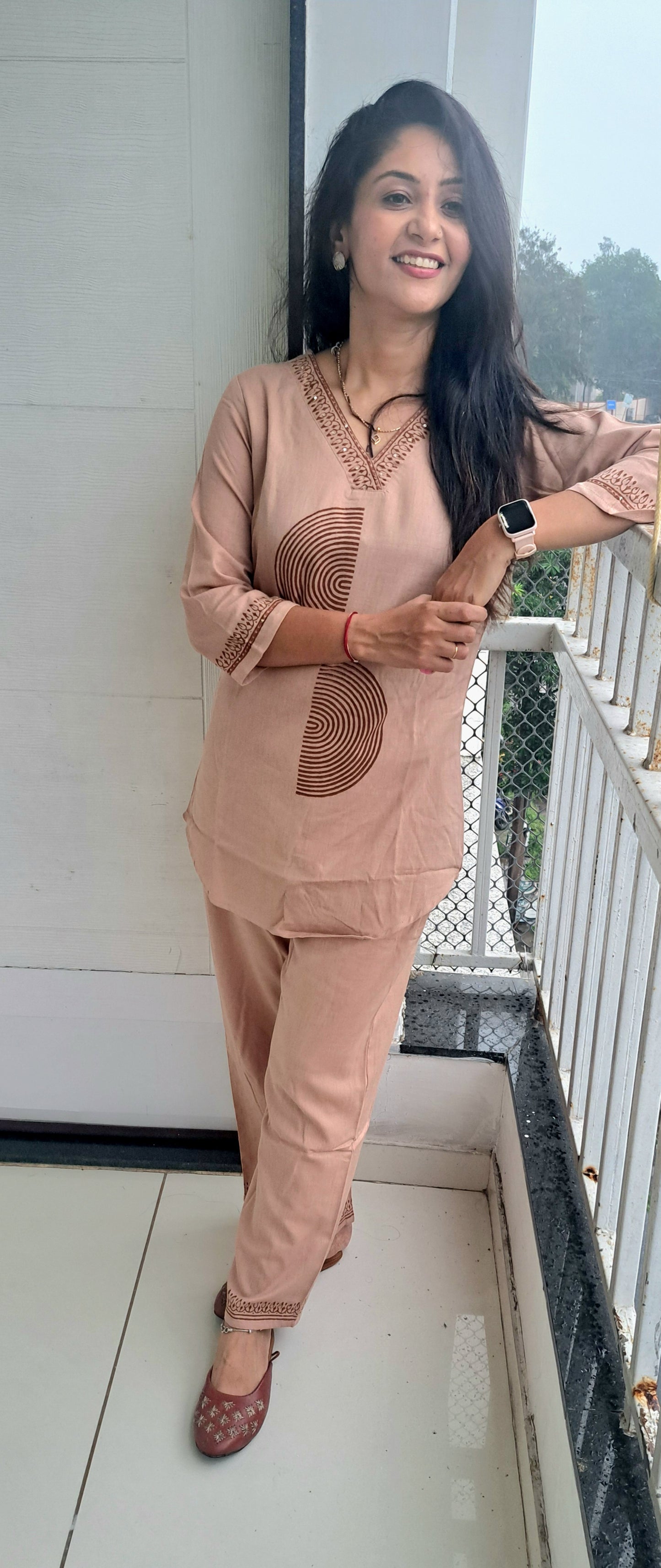 Beige cotton flax coords with block prints