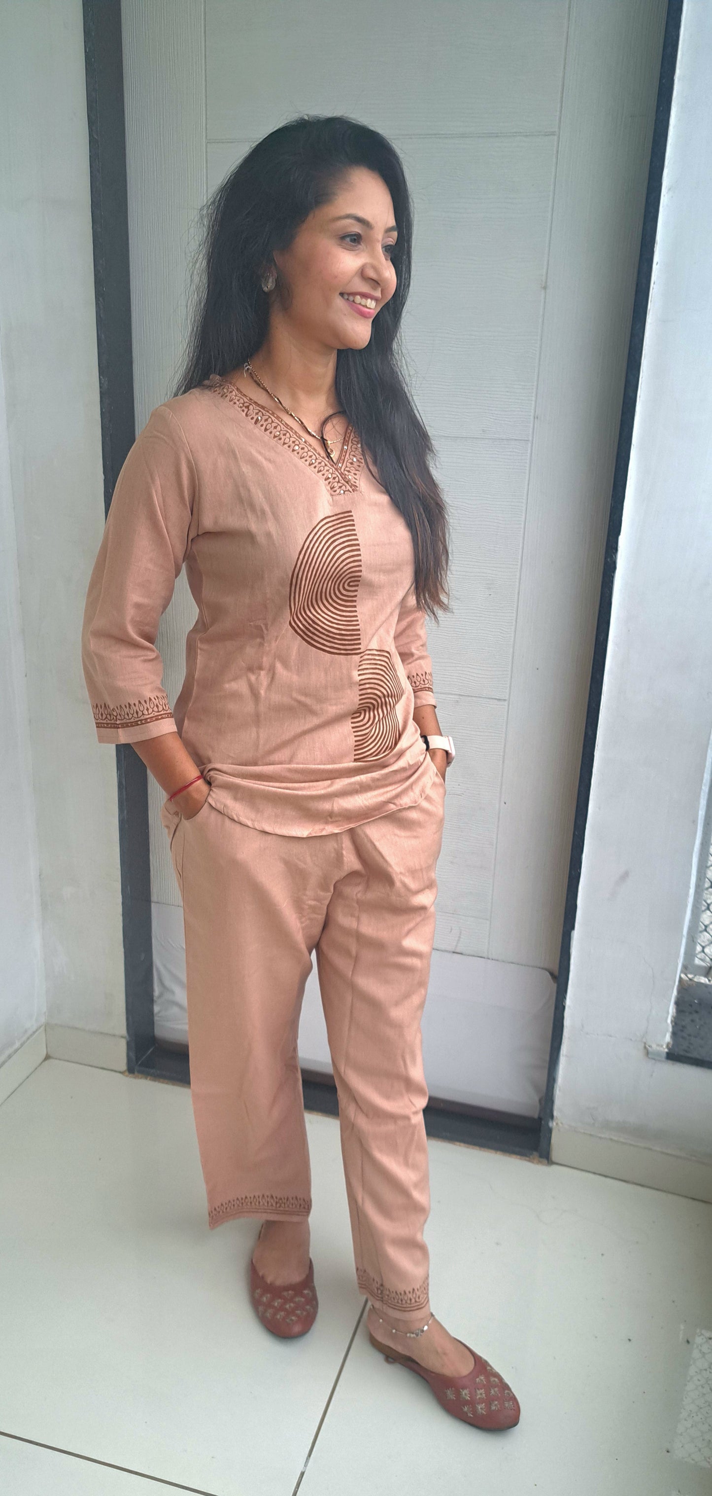 Beige cotton flax coords with block prints