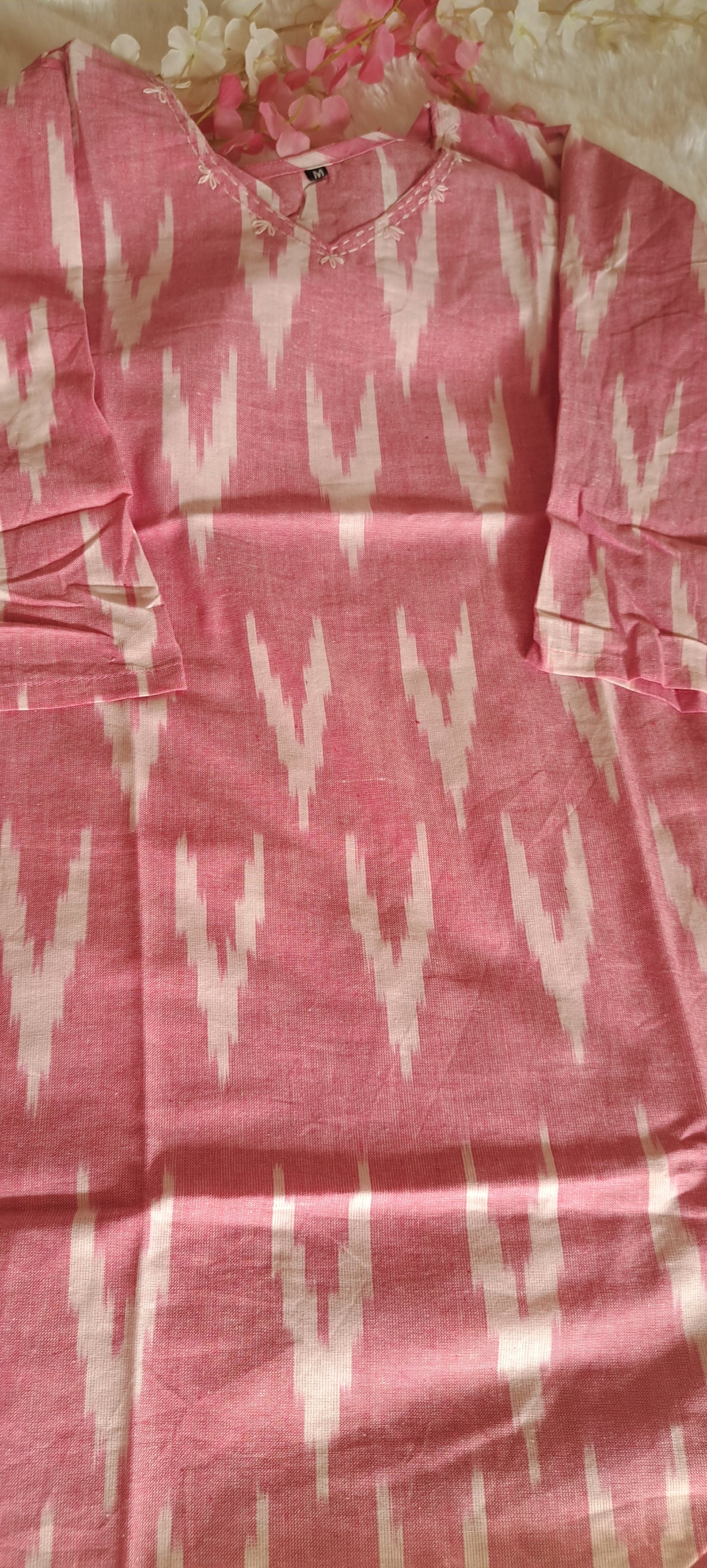 Pink Ikkat cotton short top with thread work on neck