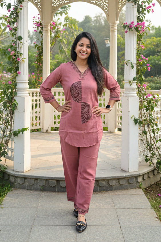 Pink cotton flax coords with block prints