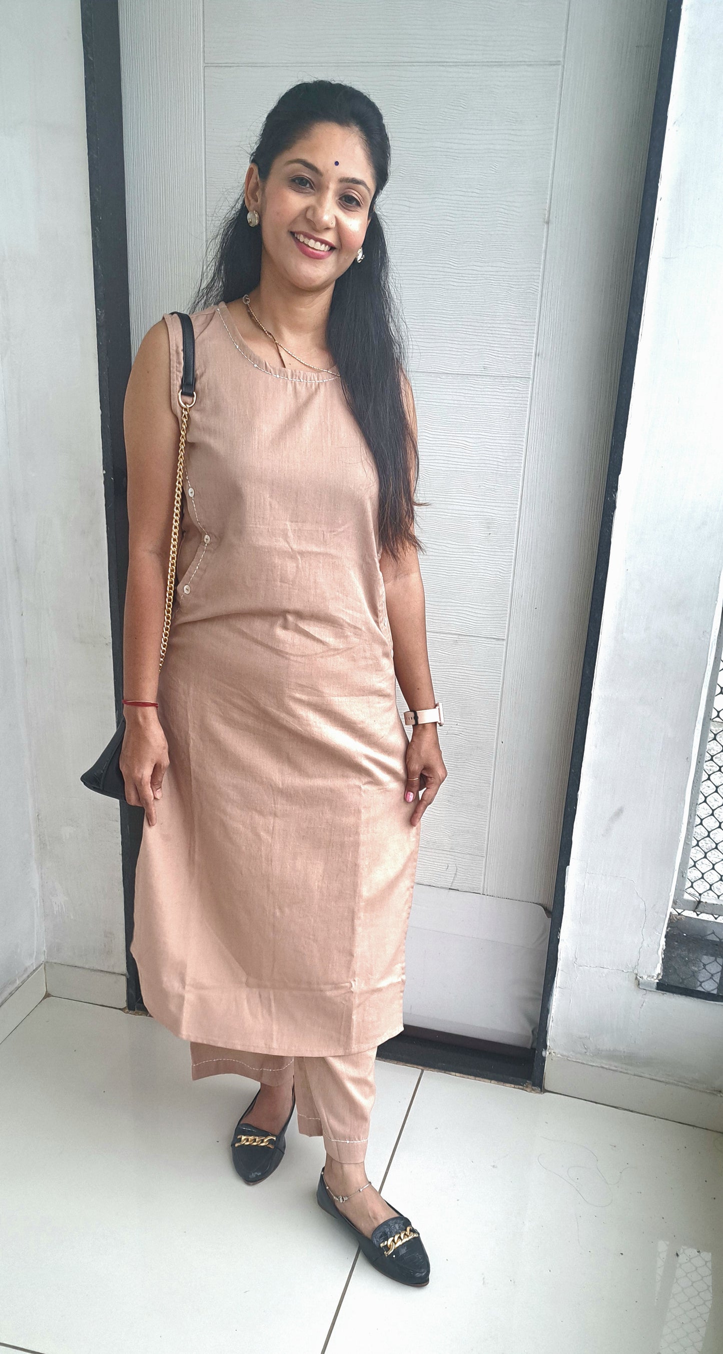 Plain beige cotton flax straight cut coords