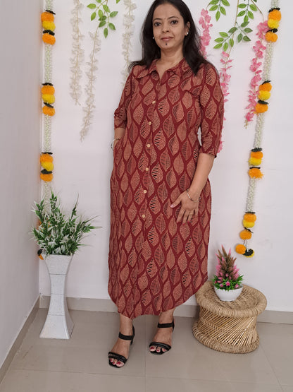 Leafy Elegance: Red Leaf Design Shirt Style Cotton Kurti