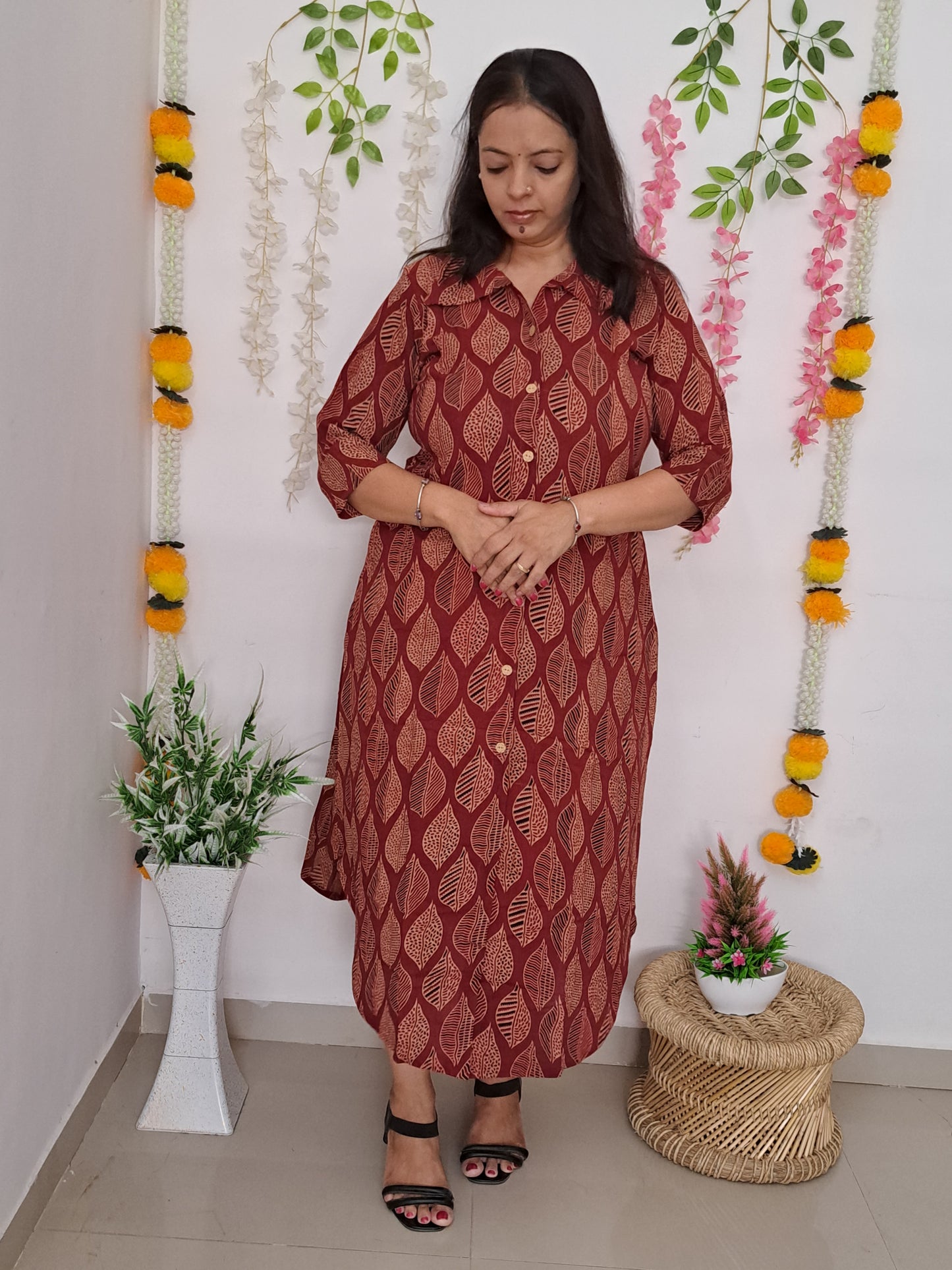 Leafy Elegance: Red Leaf Design Shirt Style Cotton Kurti