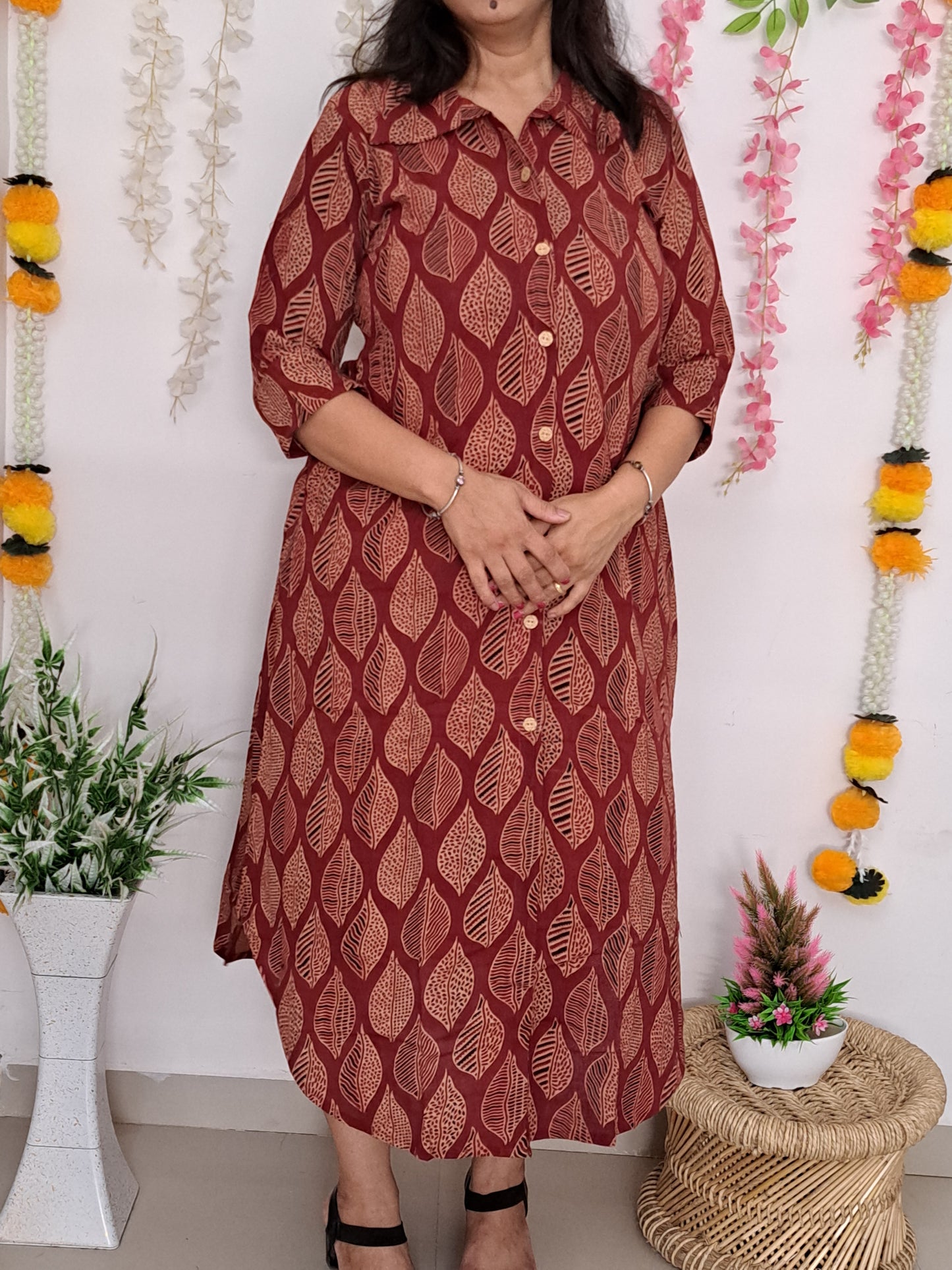 Leafy Elegance: Red Leaf Design Shirt Style Cotton Kurti