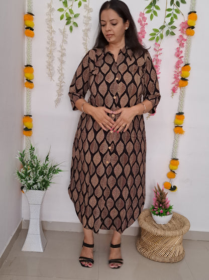 Black Leaf Design Shirt Style Cotton Kurti