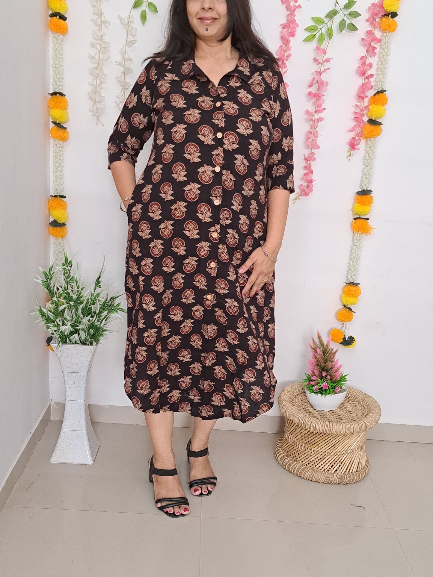 Black Floral Shirt style cotton kurti