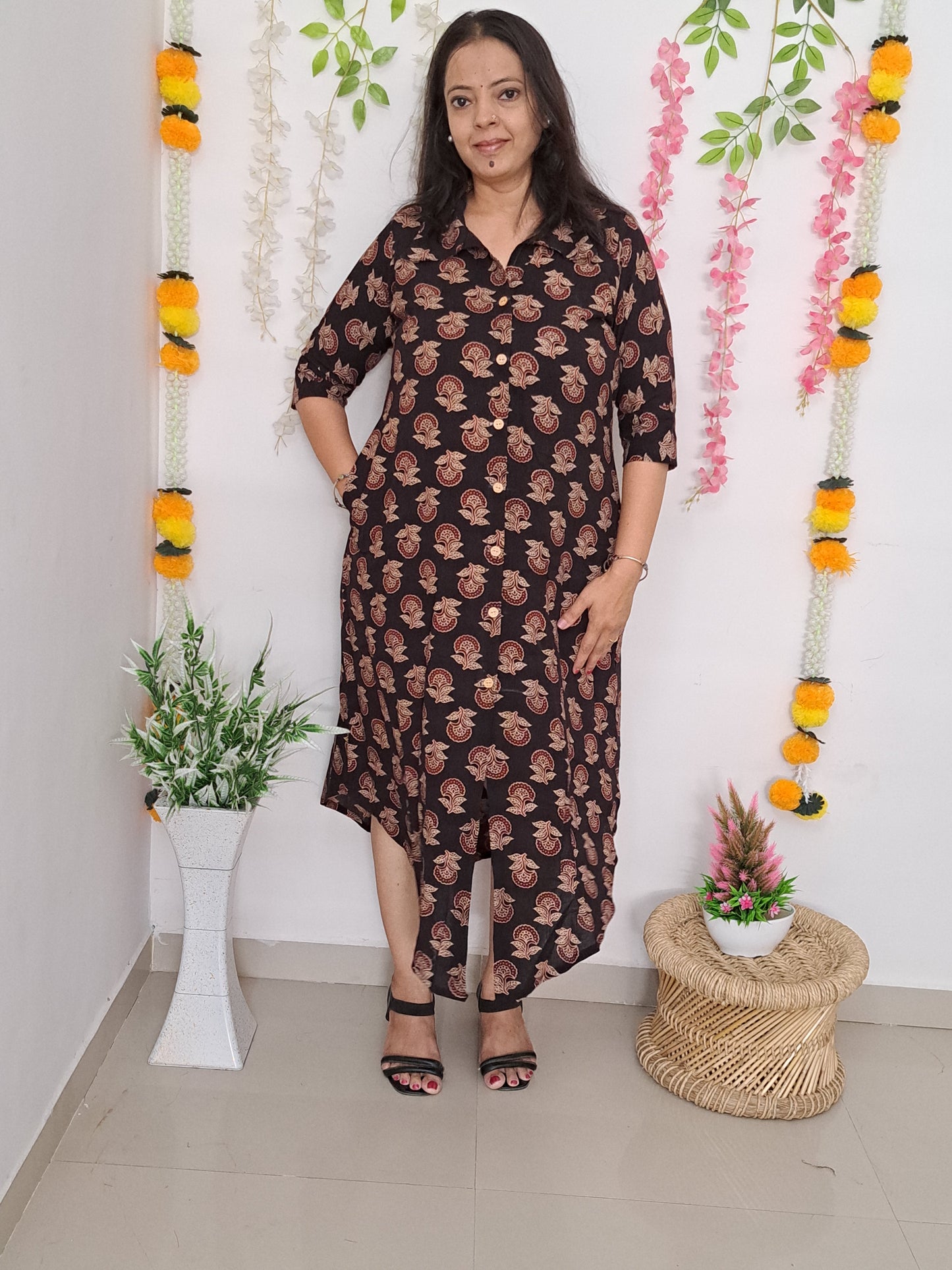 Black Floral Shirt style cotton kurti