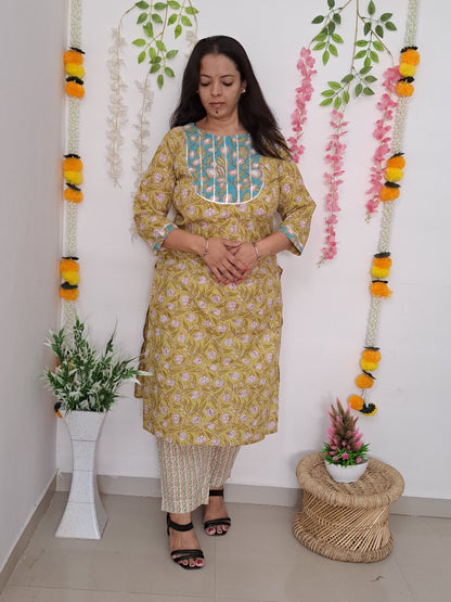 Henna Enchantment: Mehandi Green Cotton Kurta Pant Set with Yoke