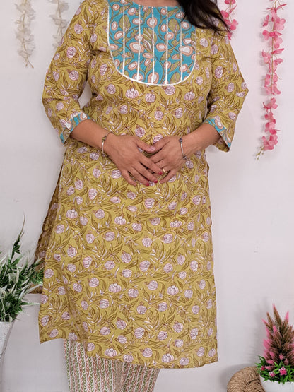 Henna Enchantment: Mehandi Green Cotton Kurta Pant Set with Yoke