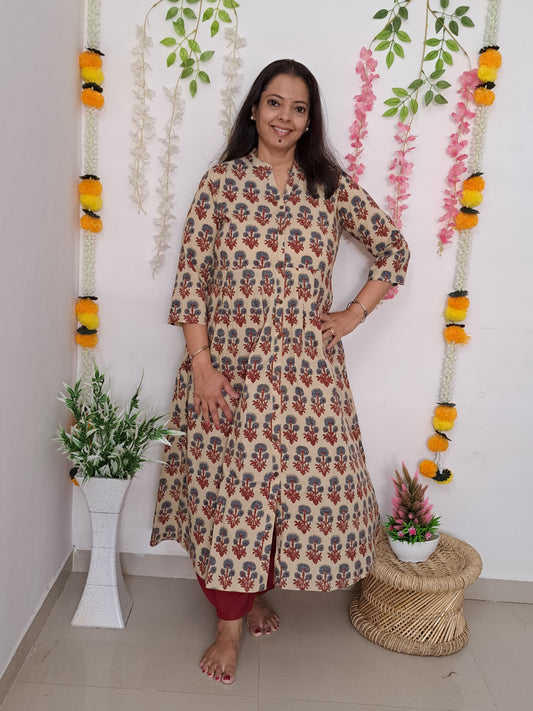 Burgundy Blooms: Beige Maroon Floral Kurti with Harem Pant