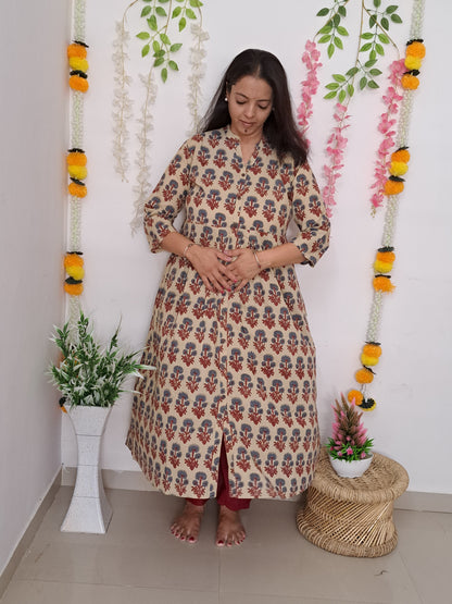 Burgundy Blooms: Beige Maroon Floral Kurti with Harem Pant