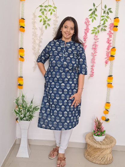 Floral Bliss: Blue and White Cotton Kurti