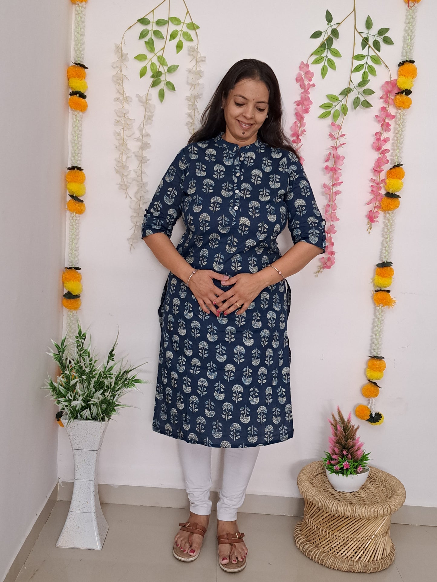 Floral Bliss: Blue and White Cotton Kurti