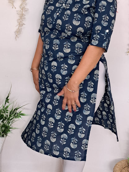 Floral Bliss: Blue and White Cotton Kurti