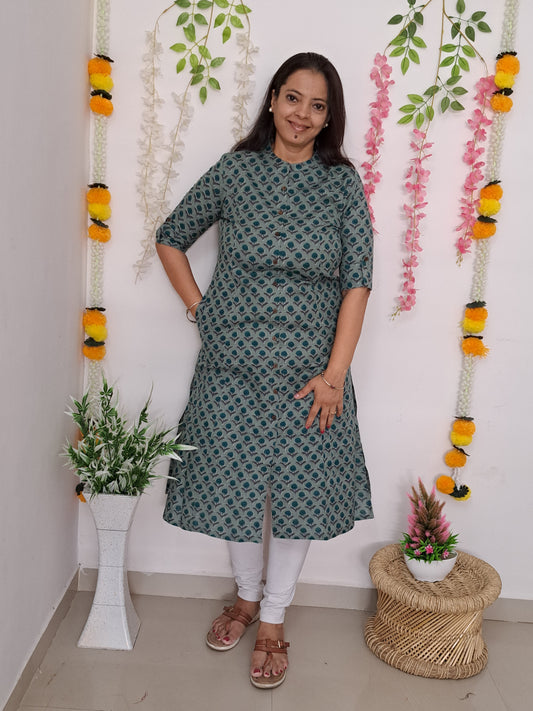 Seaside Serenity: Sea Green Flax Cotton A-Line Kurti