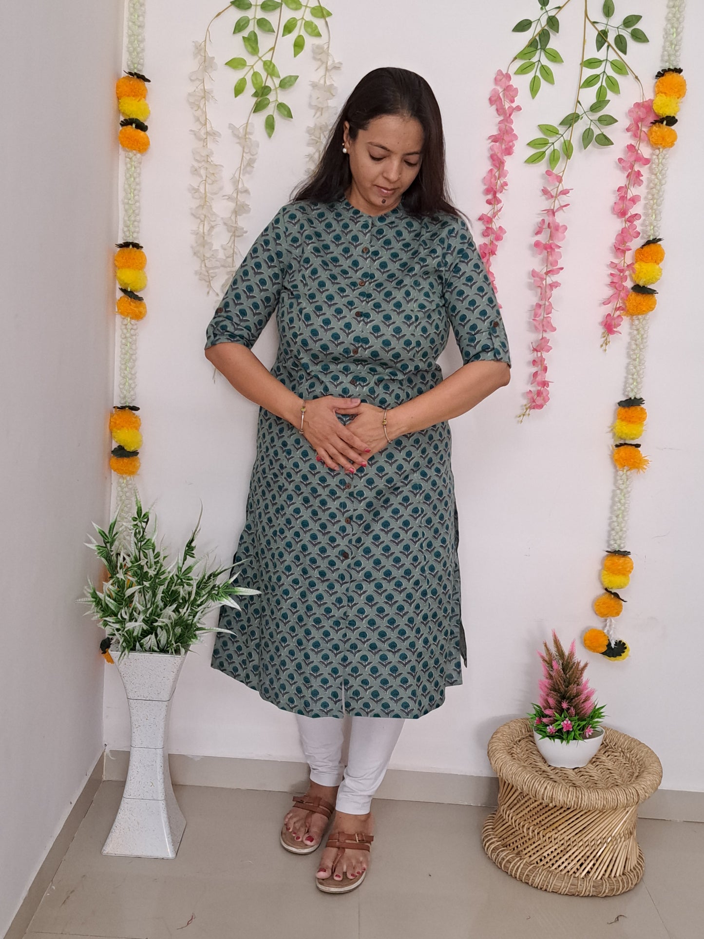 Seaside Serenity: Sea Green Flax Cotton A-Line Kurti