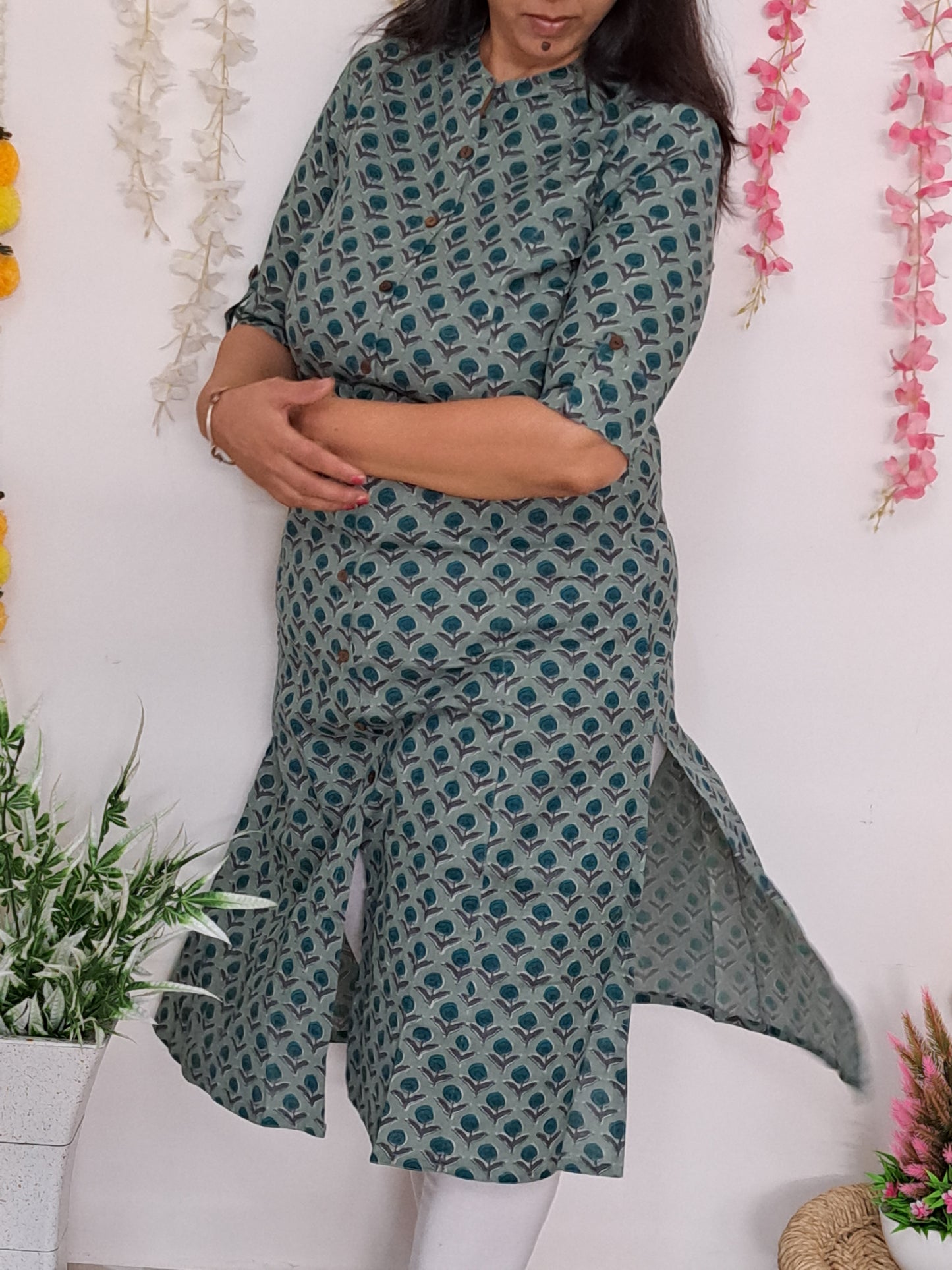 Seaside Serenity: Sea Green Flax Cotton A-Line Kurti