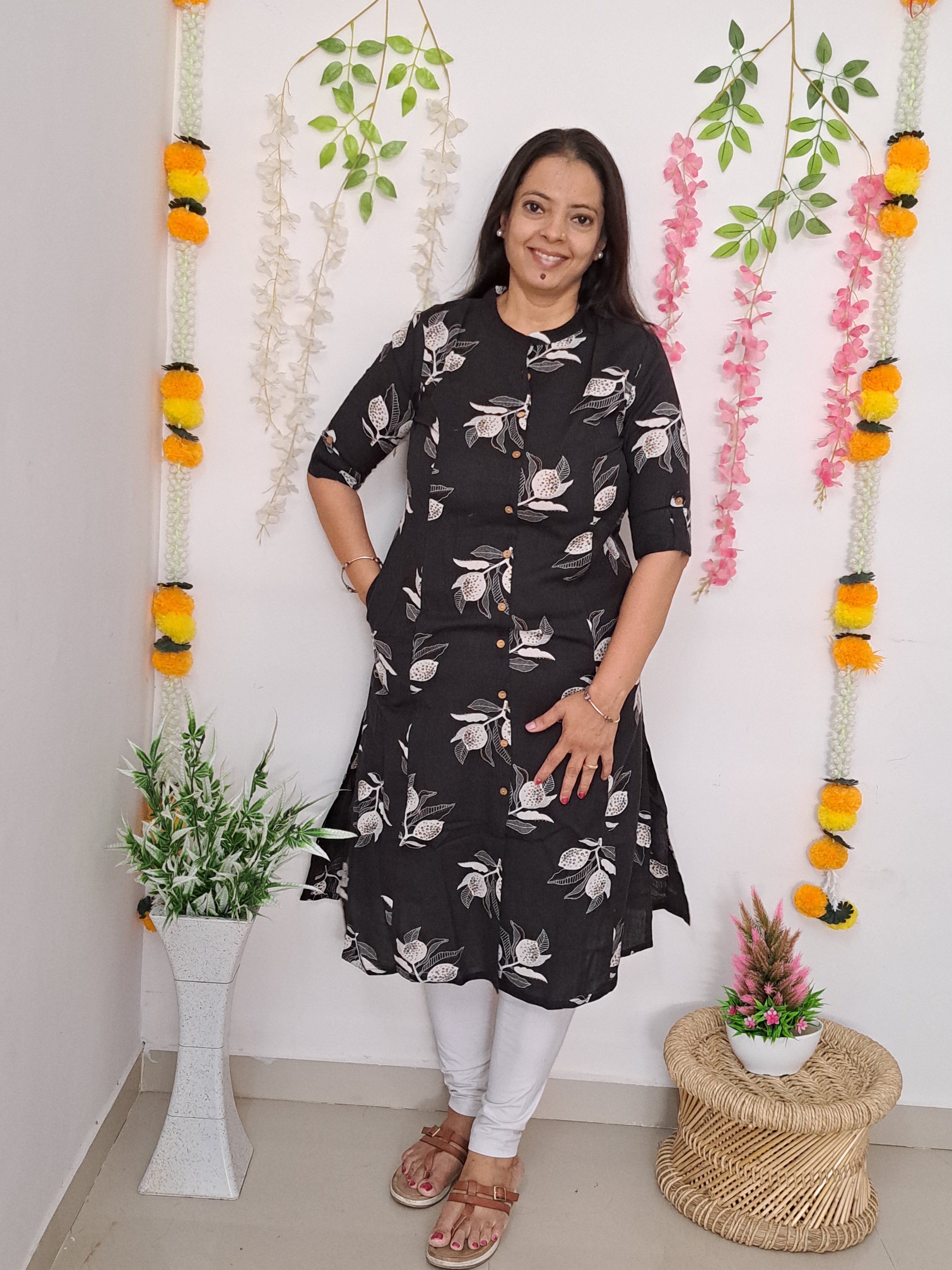 Black and White Cotton Printed Panelled Kurta