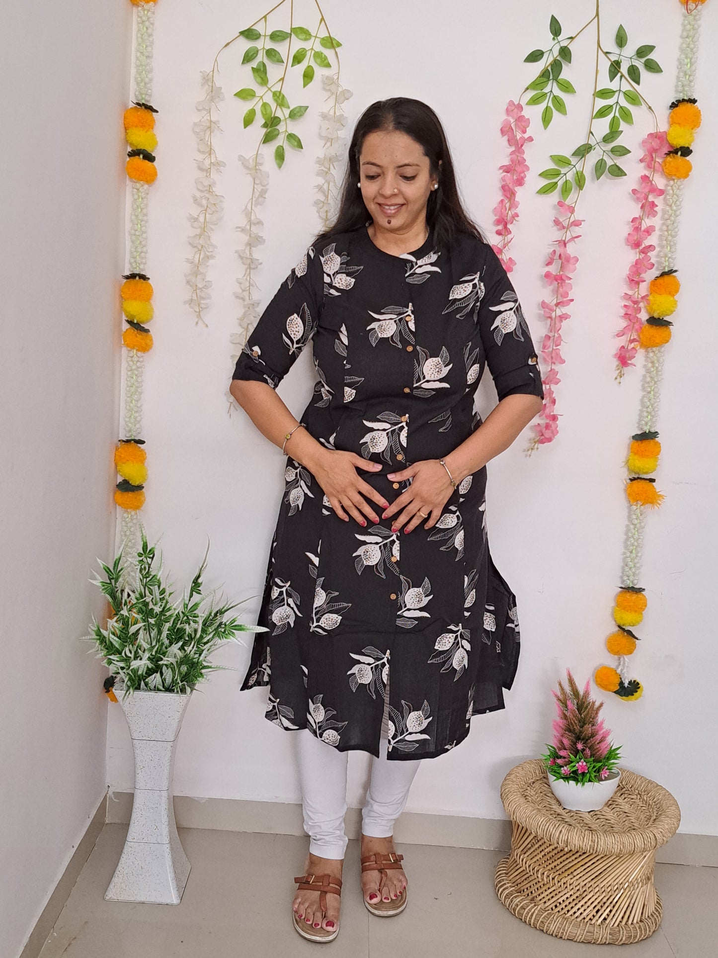 Blossoming Monochrome: Black and White Floral A-Line Kurta