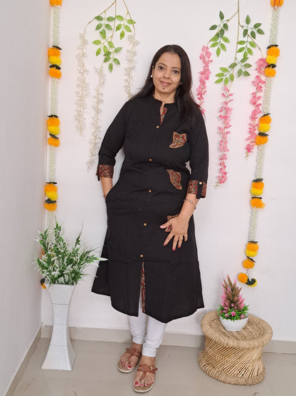 Black Patchwork Cotton Kurti with Pocket