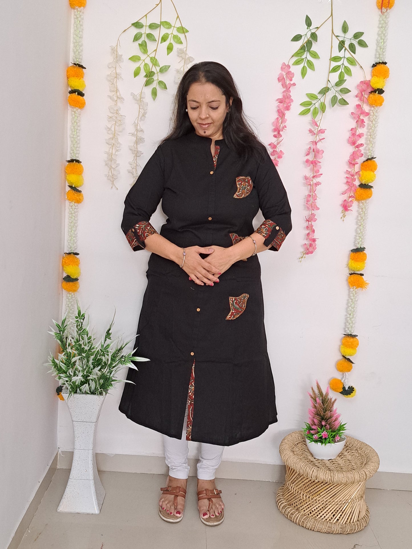 Black Patchwork Cotton Kurti with Pocket