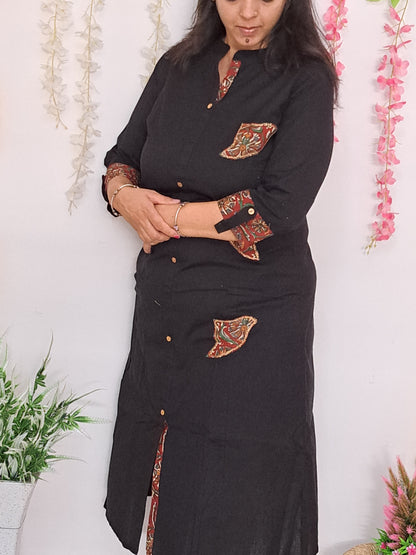 Black Patchwork Cotton Kurti with Pocket