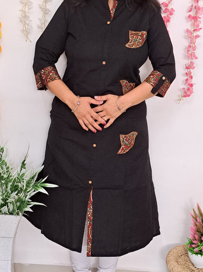 Black Patchwork Cotton Kurti with Pocket