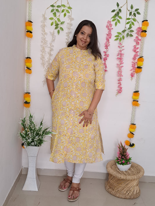 Sunshine Blooms: Yellow Floral Flax Cotton A-line Kurti with Side Pocket