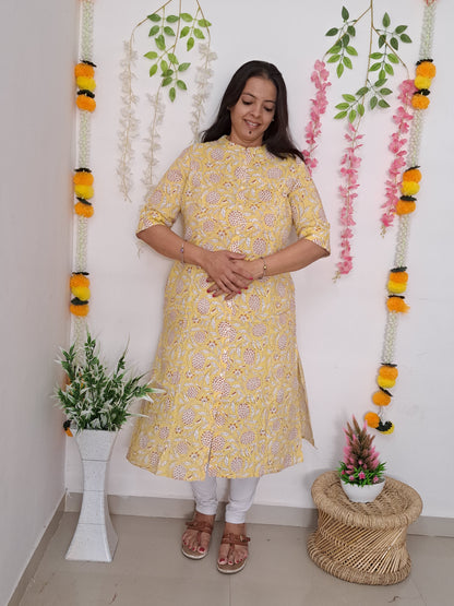 Sunshine Blooms: Yellow Floral Flax Cotton A-line Kurti with Side Pocket