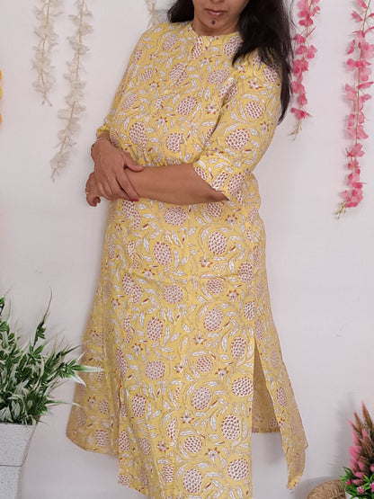 Sunshine Blooms: Yellow Floral Flax Cotton A-line Kurti with Side Pocket