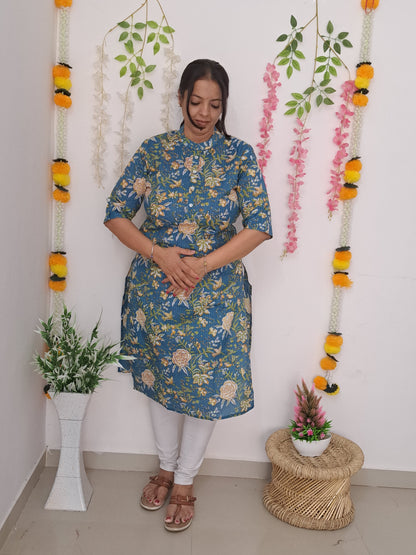 Garden Delight: Light Blue Floral Cotton Kurti