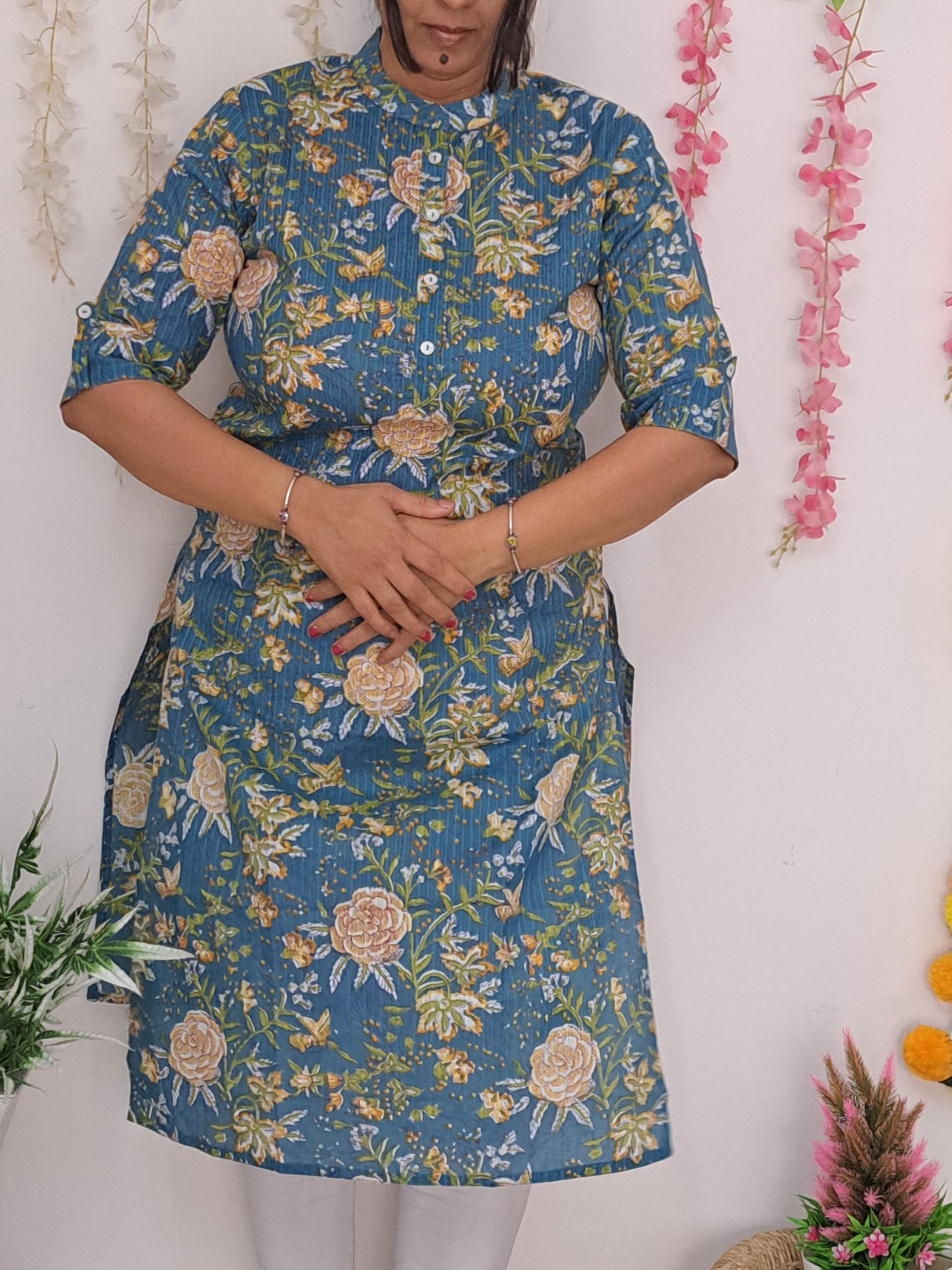 Garden Delight: Light Blue Floral Cotton Kurti