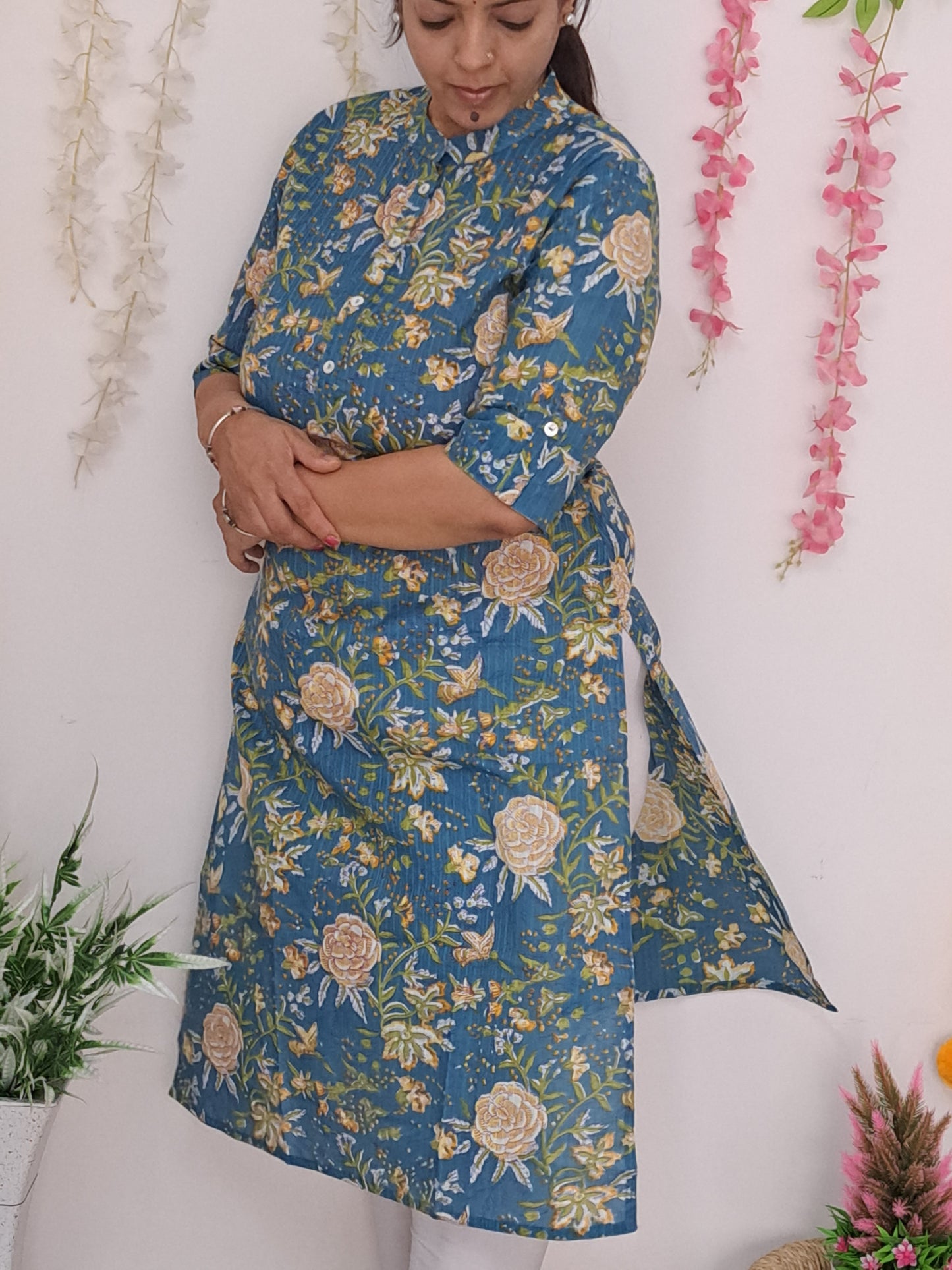 Garden Delight: Light Blue Floral Cotton Kurti