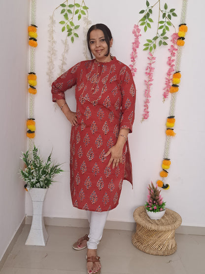 Crimson Grace: Red Cotton Kurti with Gotta Patti Work