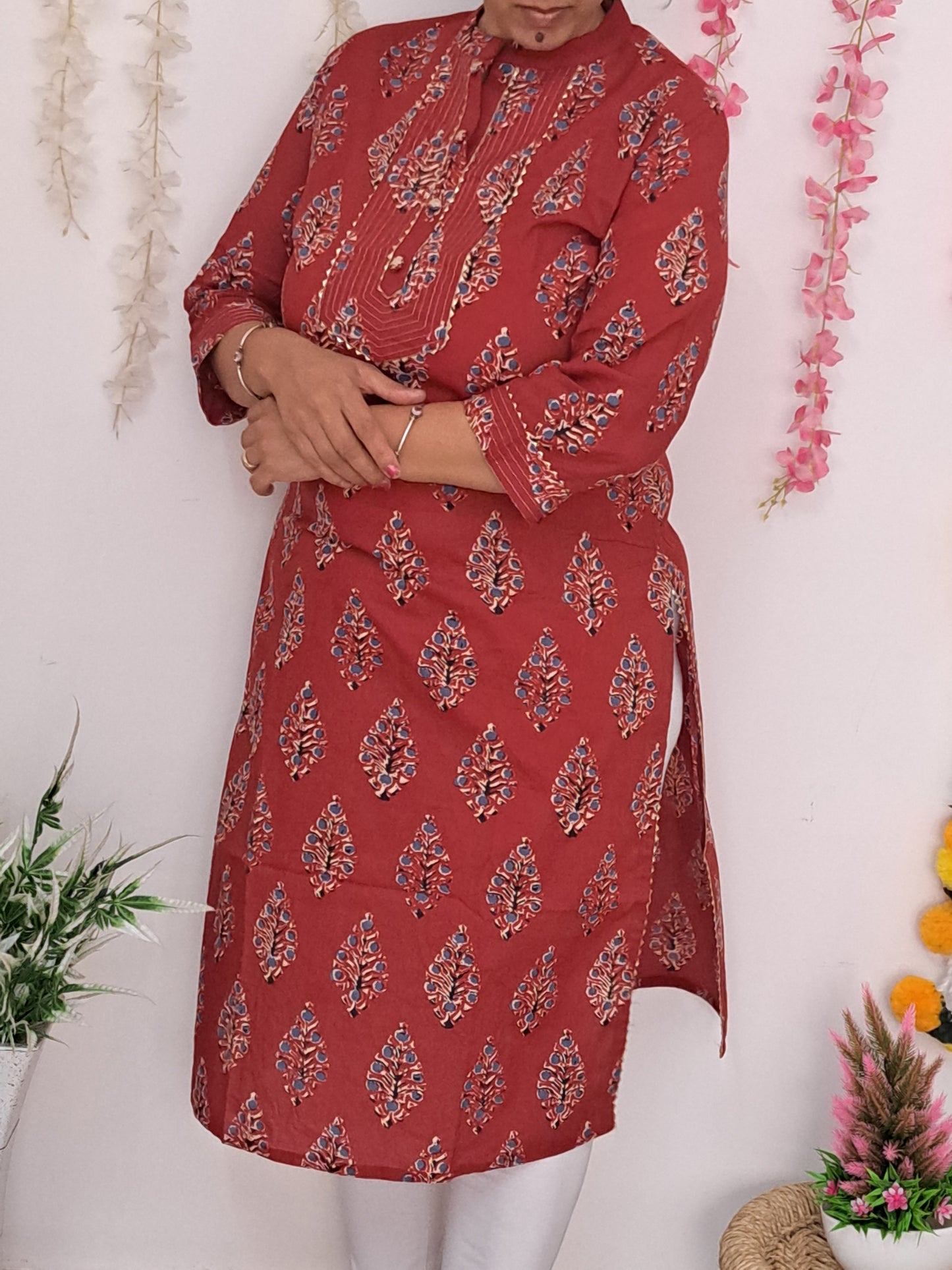 Crimson Grace: Red Cotton Kurti with Gotta Patti Work