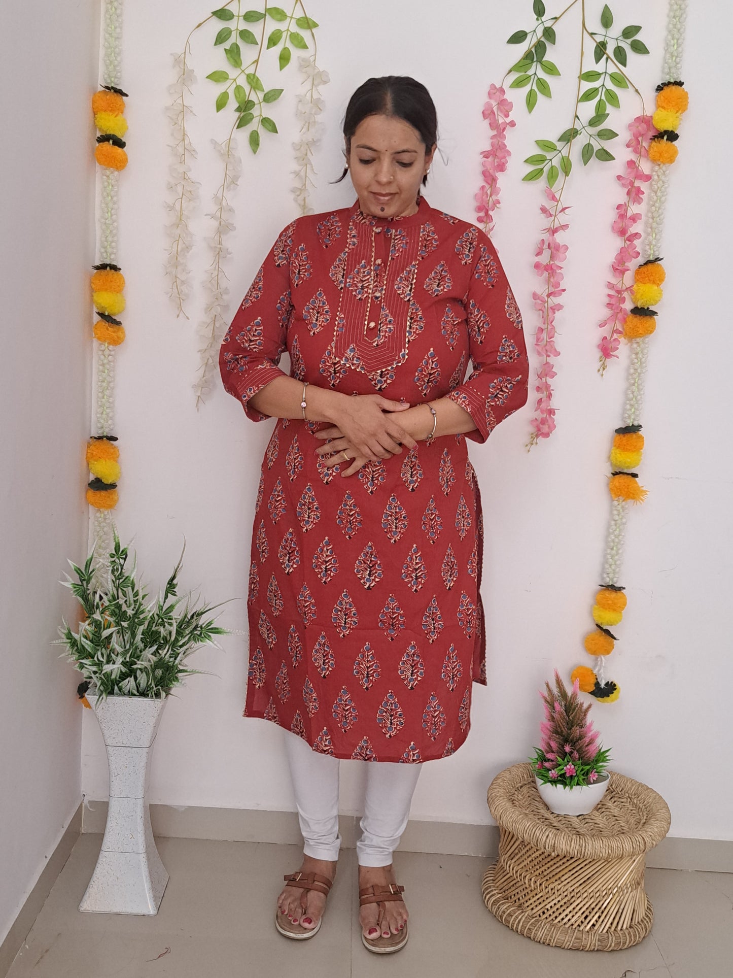 Crimson Grace: Red Cotton Kurti with Gotta Patti Work