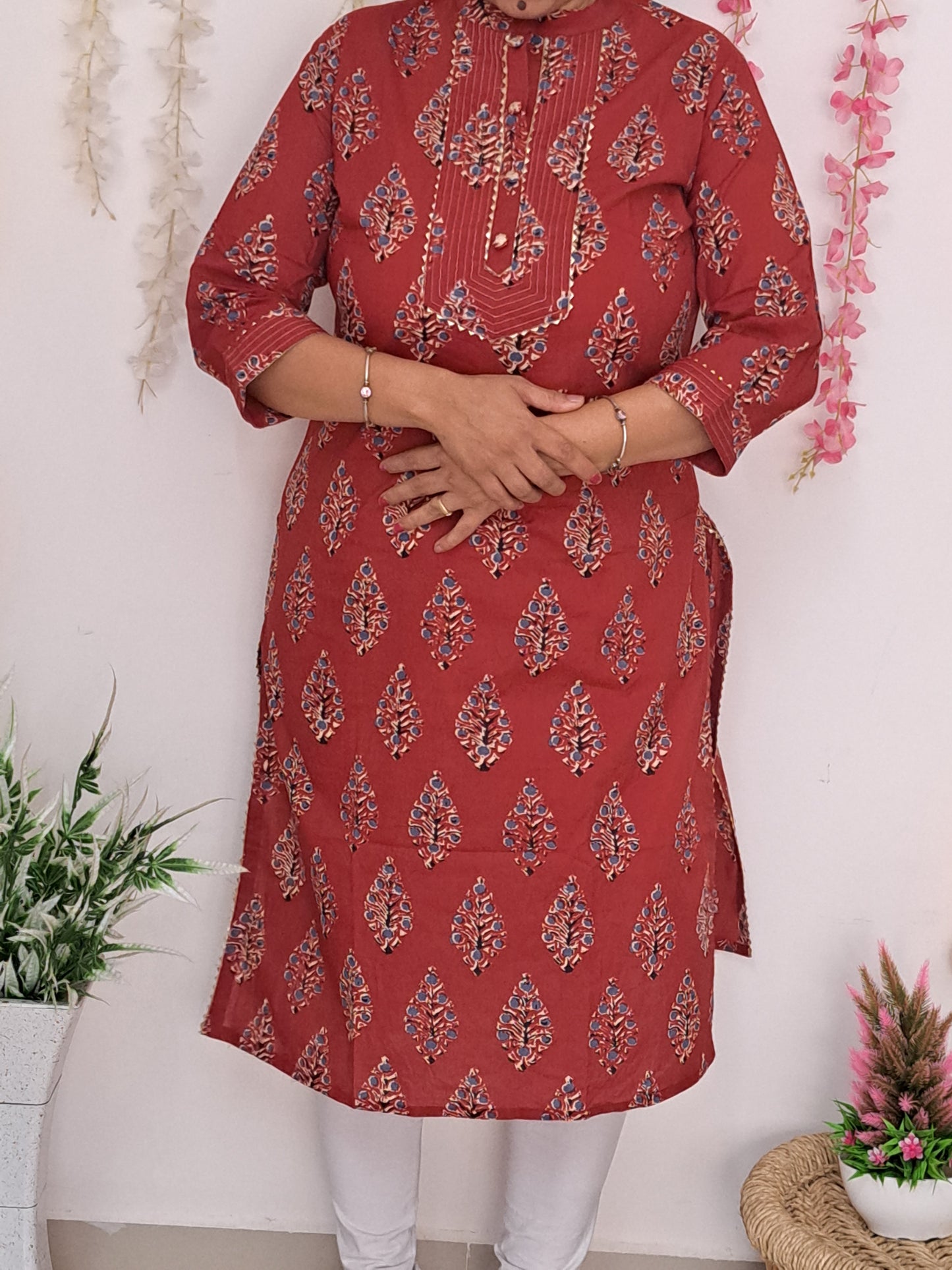 Crimson Grace: Red Cotton Kurti with Gotta Patti Work