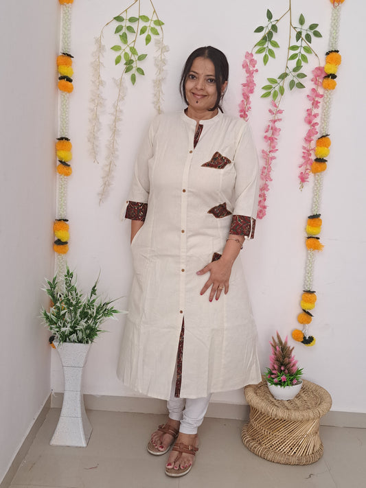 Ethereal Bliss: Off White Cotton Kurti with Patch Work