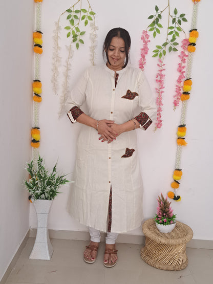 Ethereal Bliss: Off White Cotton Kurti with Patch Work