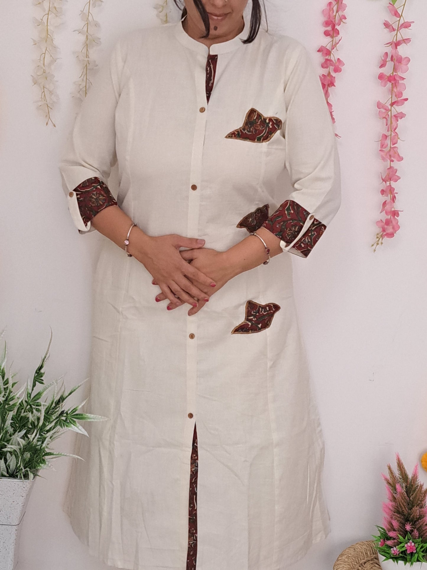 Ethereal Bliss: Off White Cotton Kurti with Patch Work