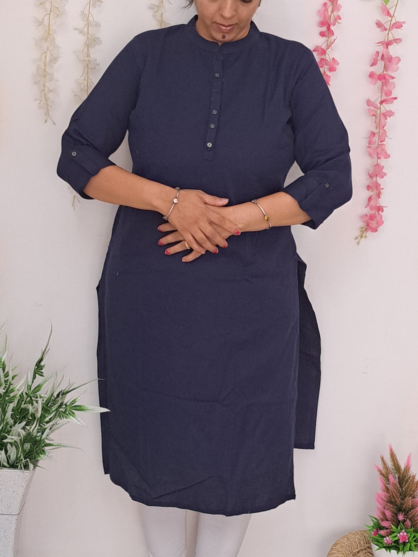 Midnight Indigo: Plain Dark Blue Cotton Kurti